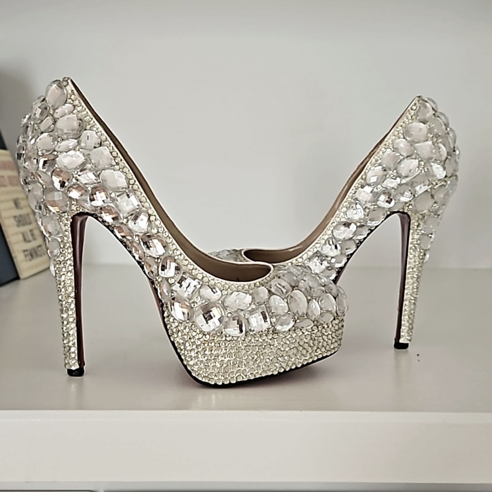 Jeweled Rhinestone Silver Red-Bottom Platform Heels